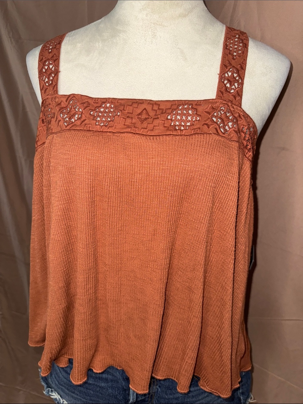 NWT Lucky Brand Rust Orange Crochet-Trim Knit Camisole- Large
